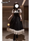 Olivegirl Party Kawaii Lolita Dress Bow Slash Neck Gothic Vintage Black Midi Dress Women Summer Harajuku Lace Halter Bodycon