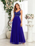 Sleeveless Evening Dresses V-Neck Sequined Embroidery Long Party Gown Clothing Elegant Mesh A-Line Formal Wedding Dress