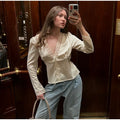 Sexy V-neck Lace Patchwork Solid Top Women Short Sleeve Single Breasted Lace Up Loose Tops Female Spring Chic Casual Streetwear