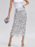 Luxury Sequins Midi Women Skirts High Waist Tassel Skirt for Party Gathering Evening Event Wear Fashion Summer New