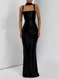 Sexy Satin Evening Long Dresses for Women Square Collar Sleeveless High Waist Folds Slimming Bodycon Dress Female