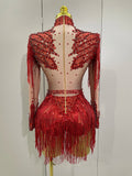 Sparkly Rhinestone Sequin Tassel Stretch Bodysuits 2025 New Arrival Women Birthday Party Nightclub Dj Stage Performance Costume