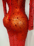 Women Sparkly Diamonds Mesh See Through Bodycon Dress Evening Birthday Party Sexy Nightclub Bar Stage Costume