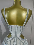 Sparkly Silver Rhinestones Tassels White Bodysuit Dress Women Sexy Eveing Party Dancer Nightclub Stage Team Performance Costume