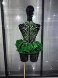 Shining Green Sequins Women Sexy Mesh See Through Bodycon Bodysuit Celebrate Nightclub Party Performance Costumes Stage Wear