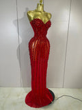 Luxury Sparkly Red Diamond Sexy Strapless Mesh See Through Long Dress Evening Party Birthday Nightclub PhotoShoot Stage Costumes
