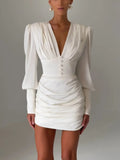 Sexy Women Deep V Puff Long Sleeve Satin Dress Solid Waist-cinching Design Ruched Slim Fit Dresses Elegant Party Lady Gowns 2026