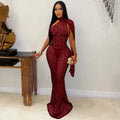 Sexy Sheer Lace Dress Women One Shoulder Cape Sleeve Evening Party Night Out Backless Prom Bodycon Maxi Dress Robe Femme