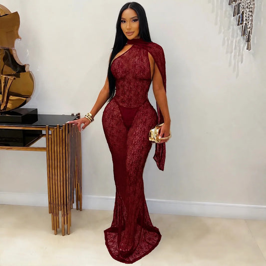 Sexy Sheer Lace Dress Women One Shoulder Cape Sleeve Evening Party Night Out Backless Prom Bodycon Maxi Dress Robe Femme