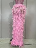 Women Sexy Elegant Evening Party Luxury Birthday Photo Shoot Performance Costume Sparkly Rhinestone Feather Mesh Long Dress