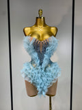 Women Sexy Strapless Sky Blue Diamonds Mesh Mini Dress Luxury Birthday Evening Party Costume Bar Nightclub Singer Stage Outfit