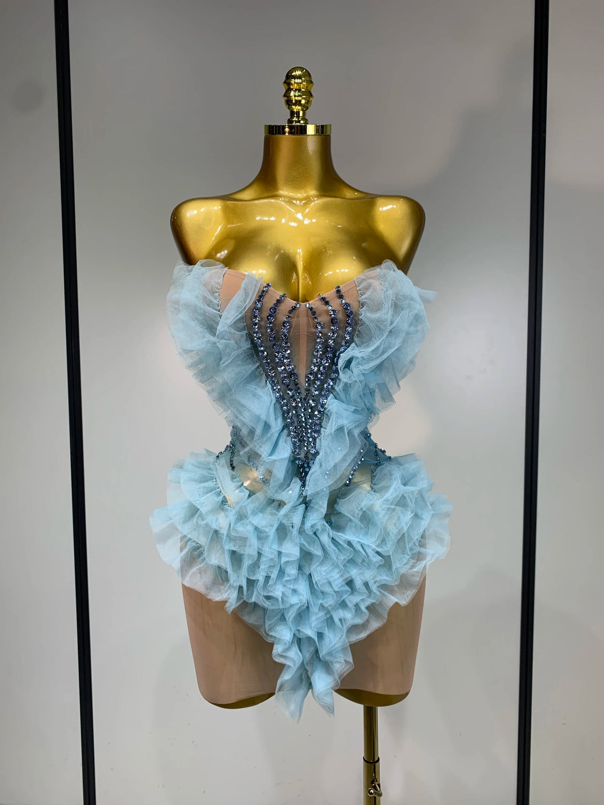 Women Sexy Strapless Sky Blue Diamonds Mesh Mini Dress Luxury Birthday Evening Party Costume Bar Nightclub Singer Stage Outfit