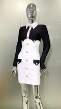 Women's Gold Button Black White Color Matching Dress Fashion Personality Bandage Evening Gown Performance Costume Abiti Da Festa