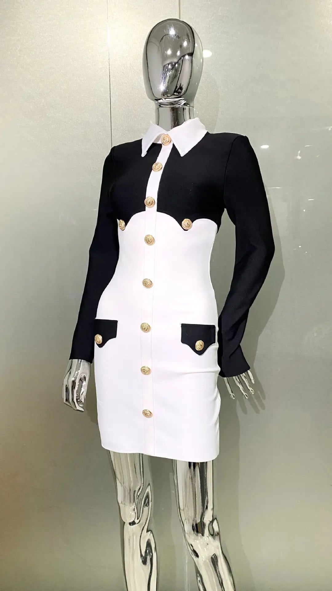 Women's Gold Button Black White Color Matching Dress Fashion Personality Bandage Evening Gown Performance Costume Abiti Da Festa