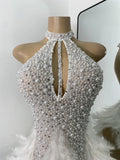 Women Sexy Halter Beading Feather Tight Bodysuit Nightclub Performance Leotard Luxury Party Celebrate Stage Wear