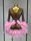 Women Luxury Birthday Dress Rhinestones Mesh Feathers Bodycon Mini Celebrity Evening Club Party Dress Nightclub Stage Outfit