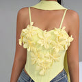 Sexy Splice Appliques Sling Fishbone Top With Ribbon Solid Flowers Backless Party Nightclub Birthday Bandage Tank Top