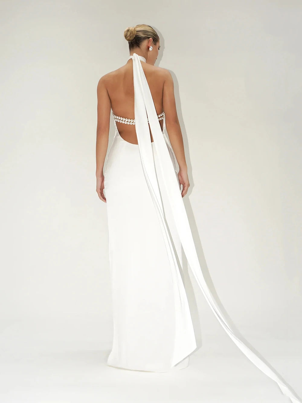 Elegant Solid Ribbon Women Halter Dress Off Shoulder Pearl Chain Backless Slim Female Maxi Dresses Wedding Gowns Chic Lady Robe