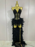 Sparkly Rhinestones Feathers Long Tail Bodysuits Sexy Mesh Transparent Stage Dress Evening Party Celebrate Luxury Birthday Dress
