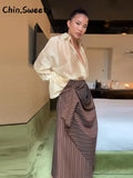 Fashion Women's See Through Blouse Long Skirt Set Lapel Deep V-neck Full Sleeve Lace Up Shirt Stripe Irregular Skirts 2026 Suit