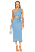 Flower Beads Glam Hollow Waist Slanted Shoulder Blue Dress Fashion Elegant Party Bandage Stage Performance Dress Vestido De Gala