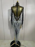 Women Evening Birthday Party Nightclub Dance Singer Stage Outfit Sexy Sparkly Rhinestone Sequins Tassel Mesh Transparent Dress