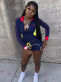 Casual Tracksuit 2-Piece Set Women Patchwork Zip Letter Print Jacket+Drawstring Shorts Matching Simple Sporty Outfit