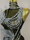 Sparkly Silver Diamonds 3D Butterfly Mesh See Through Mini Dress Women Eveing Party Birthday Bar Nightclub Sexy Stage Costumes