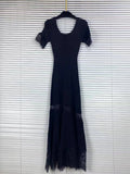 Romantic Dates Brown Ribbed Knit Mermaid Dresses for Women U Neck Short Sleeve Lace Trimmed Midi Skirt for Office Commute