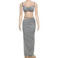 Bandage Ruched 2 Piece Set Women Square Collar Bra+Skinny Long Skirts 2025 Summer Vacation Beach Party Trend Suits