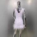 2026 Women's Luxury Rhinestone Feather Sequin Embroidered White Mesh Dress Glam Fashion Celebrity Party Evening Performance Gown