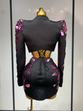 Women Long Sleeve Sequin Mini Bodycon Three Piece Set Birthday Evening Party Costume Bar Nightclub Performance Stage Outfit