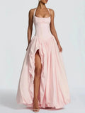 Solid Hotsweet Party Dress for Women Halter Neck Sleeveless Tunic Backless Slit Luxurious Puff Dresses Female New
