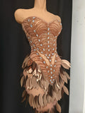 Sexy Sparkly Diamonds Leaf Strapless Mesh See Through Long Dress Birthday Evening Celebrate Party Nightclub Bar Show Stage Wear