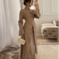 Chic Oriental Slim Long Dress Set Women Casual Stand Collar Full Sleeve Knot Button Slit Hem Suit Spring Lady Street Wears New