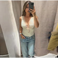 Sexy Satin Lace Patchwork Bodysuit Women V-neck Backless Sleeveless Solid Slim Fit Top 2026 Summer New Fashion Street Clothing