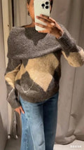 Women's Brown Beige Plaid Knitted Sweater Fashion Off Shoulder Patchwork Loose Blouse Lady Autumn Winter Casual Outerwear