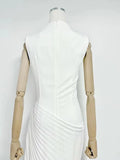 Sexy Stand Collar Flowers Pleated Patchwork Long Dress Women Sleeveless Folds Slim Elegant Dresses Evening Party Gowns