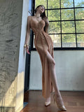 High Splits Tassels Maxi Dress Women Sexy Patchwork v-Neck Backless Sexy Zipper Elegant Banquet Skinny Party Vestidos
