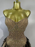 Women Sexy Strapless Mesh See Through Mini Dress Luxury Diamonds Leaf Birthday Evening Party PhotoShoot Nightclub Stage Costume