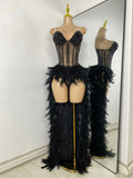 Women Sexy Straplss Crystals Diamonds Feather Luxury Party Dress Designer Mesh Transparent Performance Stage Outfit