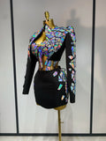 Women Long Sleeve Sequin Mini Bodycon Three Piece Set Birthday Evening Party Costume Bar Nightclub Performance Stage Outfit