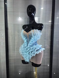 Skyblue Women Sexy Strapless Mesh Ruffle Shining Crystal Bodycon Mini Dress Celebrate Nightclub Party Bar Singer Show Stage Wea