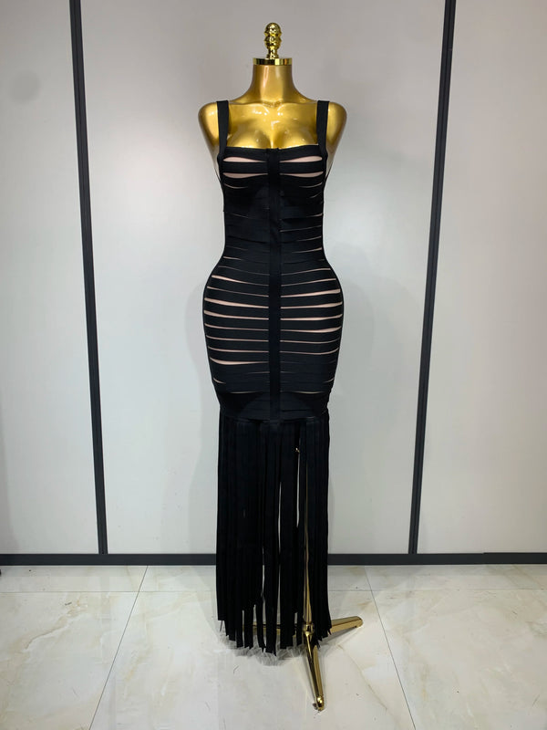 Women Sexy Sleeveless Square Collar Black Tassel Long Bandange Dresses Elegant Evening Party Birthday Gown Design Club Dress