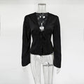 Elegant Summer Tops Women's Fashion Solid V-Neck Lace-Up Long Sleeve Tops New Chic Casual Office Lady Women's T-Shirts