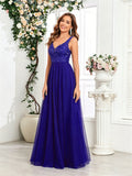 Sleeveless Evening Dresses V-Neck Sequined Embroidery Long Party Gown Clothing Elegant Mesh A-Line Formal Wedding Dress