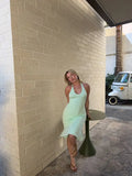 Women Mint Green Halter Bodycon Mini Dress Chic Sleeveless V Neck Backless Party Summer Beach Vacation Cocktail Evening Outfit