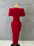High Quality Red Bodycon Dress with Crystal Bow Cutout and Puff Sleeves Versatile for Celebrations and Gatherings