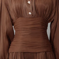 Luxury Afternoon Tea High Neck Pleated Maxi Dress for Women Puff Sleeve Ruched Waist Tiered Flared Skirt for Wedding Guest