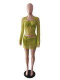 Glitter Sequins Knitted Skirt Sets Women 3 Piece Outfit Vacation Festival Clothing Sheer Top and Mini Skirt Matching Sets